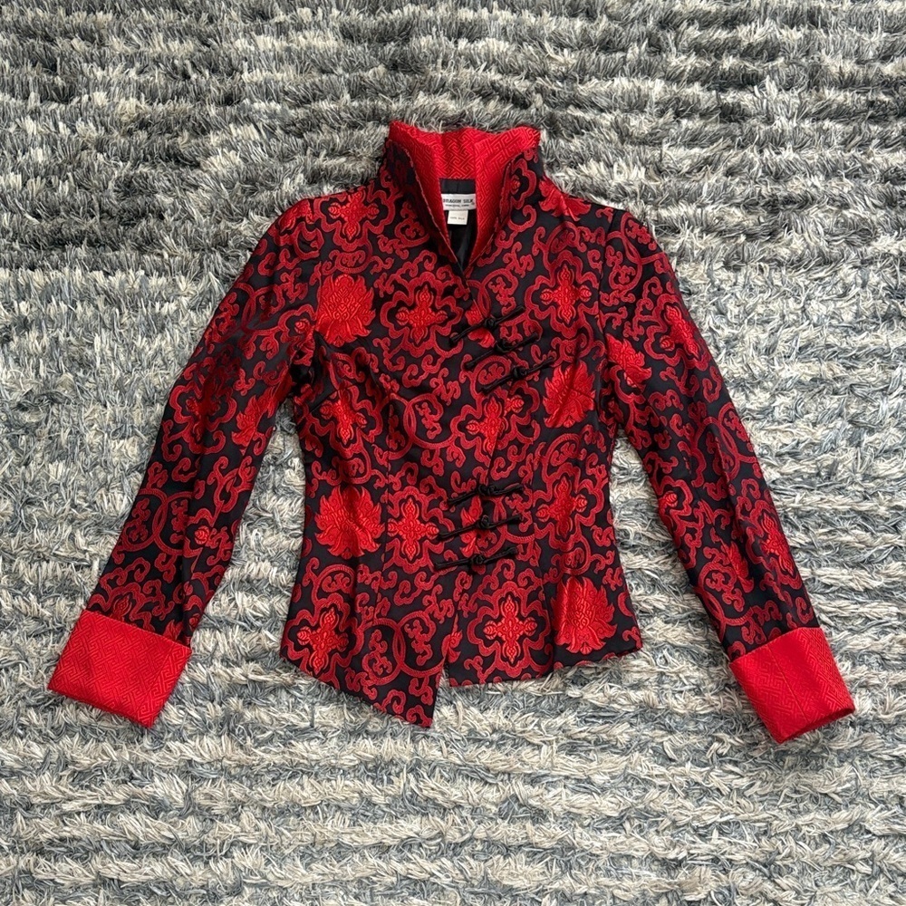 100% Silk Asian Traditional Chic Asymmetric Brocade Jacket Top XS NWOT